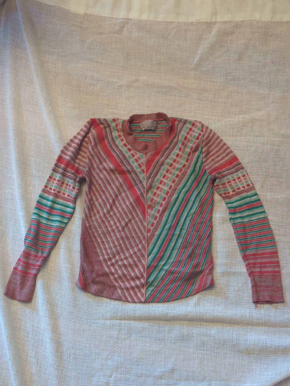 Vintage 1960s 1970s Kids Striped V-Neck Sweater - Pink & Teal